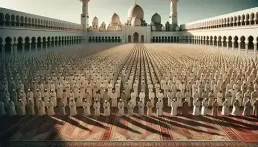 Grupo de fieles en oración con túnicas claras frente a mezquita con cúpulas y minaretes bajo cielo despejado.