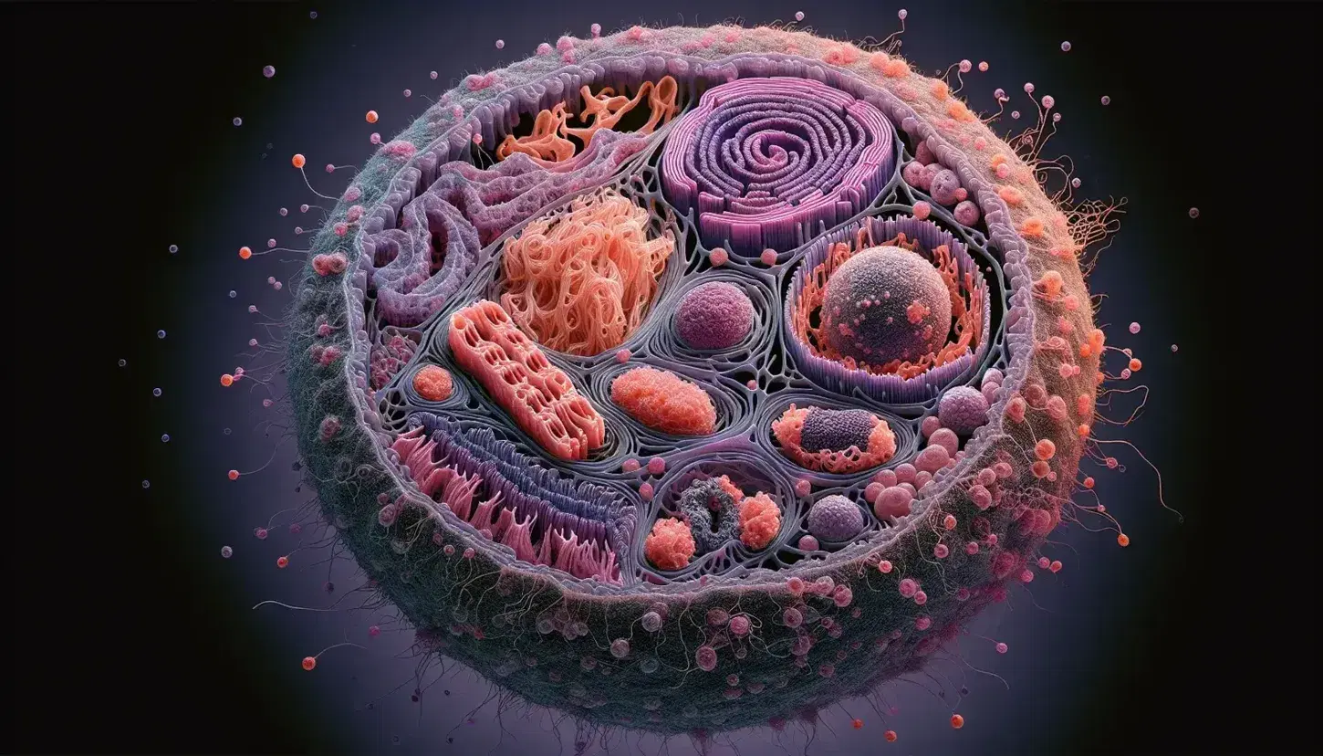 Vista microscópica de célula animal con membrana semitransparente, núcleo púrpura, retículo endoplásmico rosa, mitocondrias rosadas y naranjas, y proteínas integrales en la membrana.
