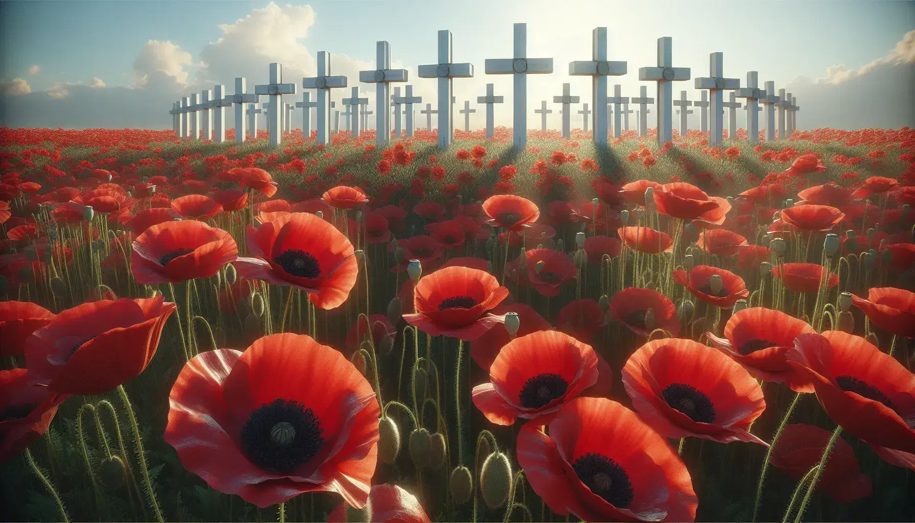 Campo de amapolas rojas con centros negros y cruces blancas alineadas en fondo bajo cielo azul claro, reflejando tranquilidad y solemnidad.