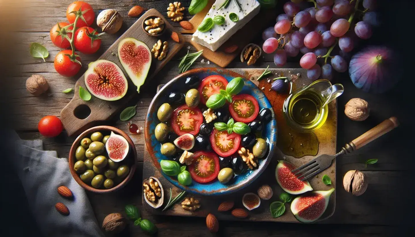 Mesa rústica con alimentos mediterráneos: aceitunas verdes y negras, tomates con albahaca, uvas, higos, queso feta, frutos secos, romero, pescado y limón bajo luz natural.