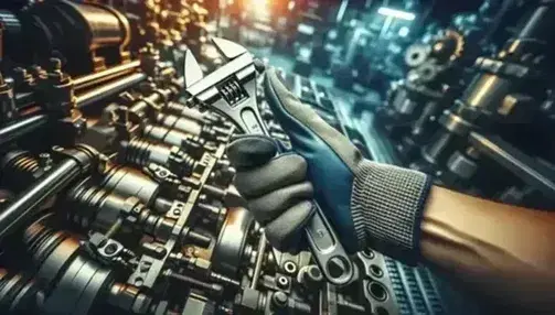 Manos con guantes azules ajustando con llave inglesa en entorno industrial borroso, enfatizando trabajo de mantenimiento y precisión.