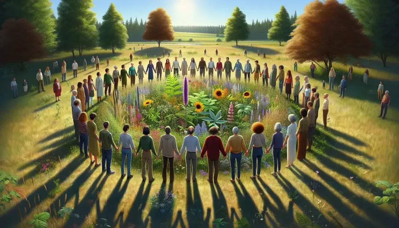 Grupo diverso de personas de distintas edades y etnias tomadas de las manos en círculo alrededor de flores silvestres en un parque soleado, transmitiendo paz y unidad.