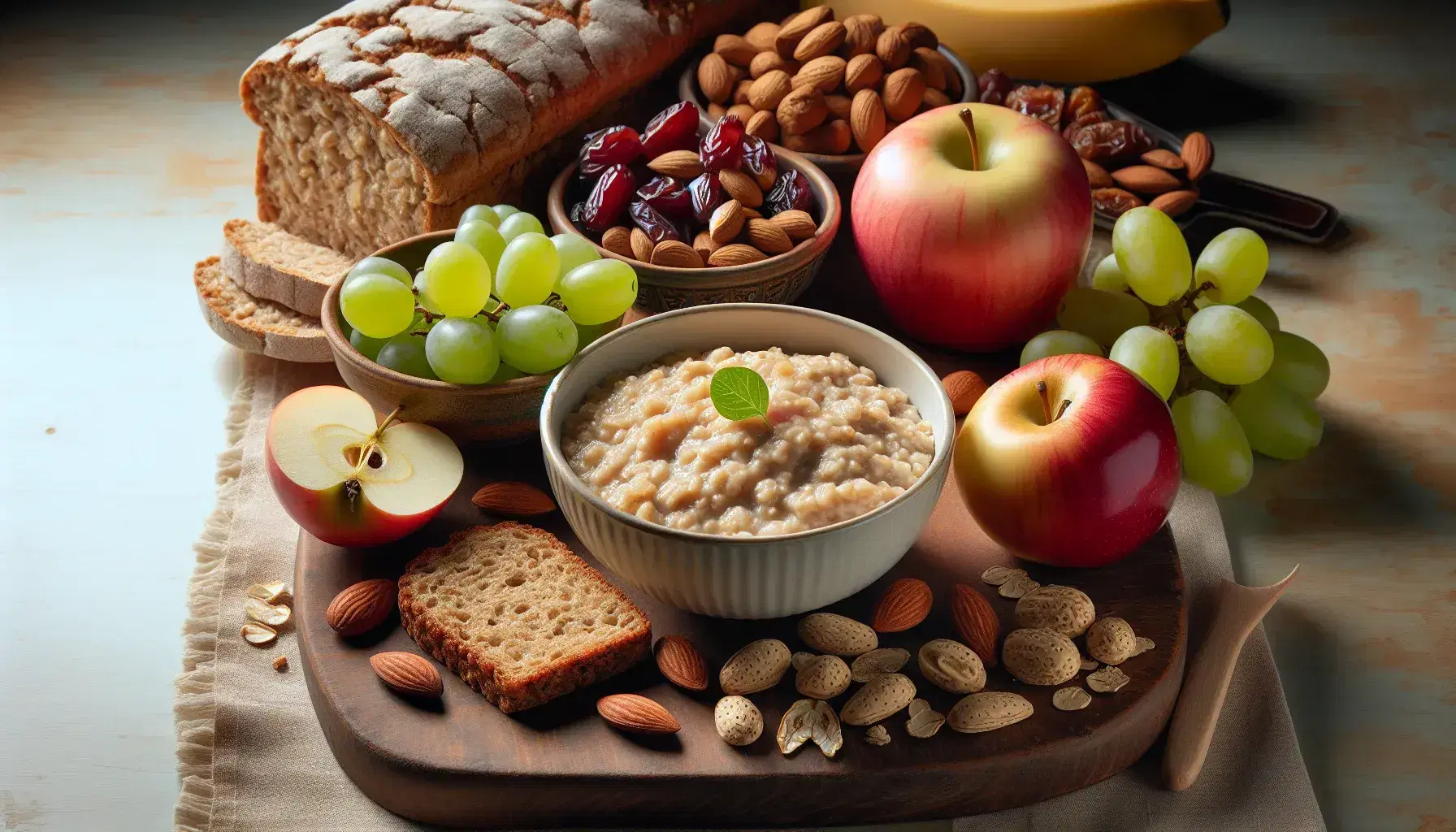 Desayuno saludable con avena cocida en bol blanco, manzana roja, uvas verdes, pan integral, plátano maduro y frutos secos sobre mesa de madera.