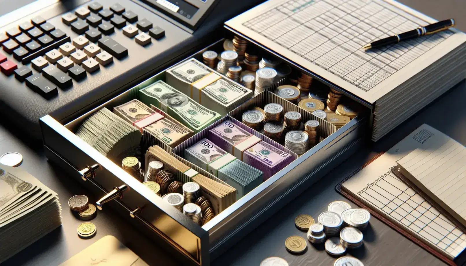 Close-up view of an organized office desk featuring a modern cash register with assorted currency notes, a leather-bound ledger, sealed white envelopes, a jar of mixed coins, and a digital calculator.