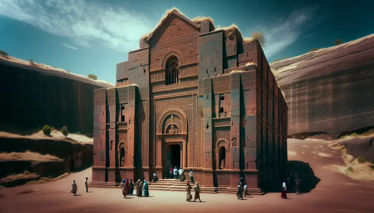 Rock-hewn church of Lalibela with visitors exploring its intricate facade against a clear blue sky, surrounded by greenery.