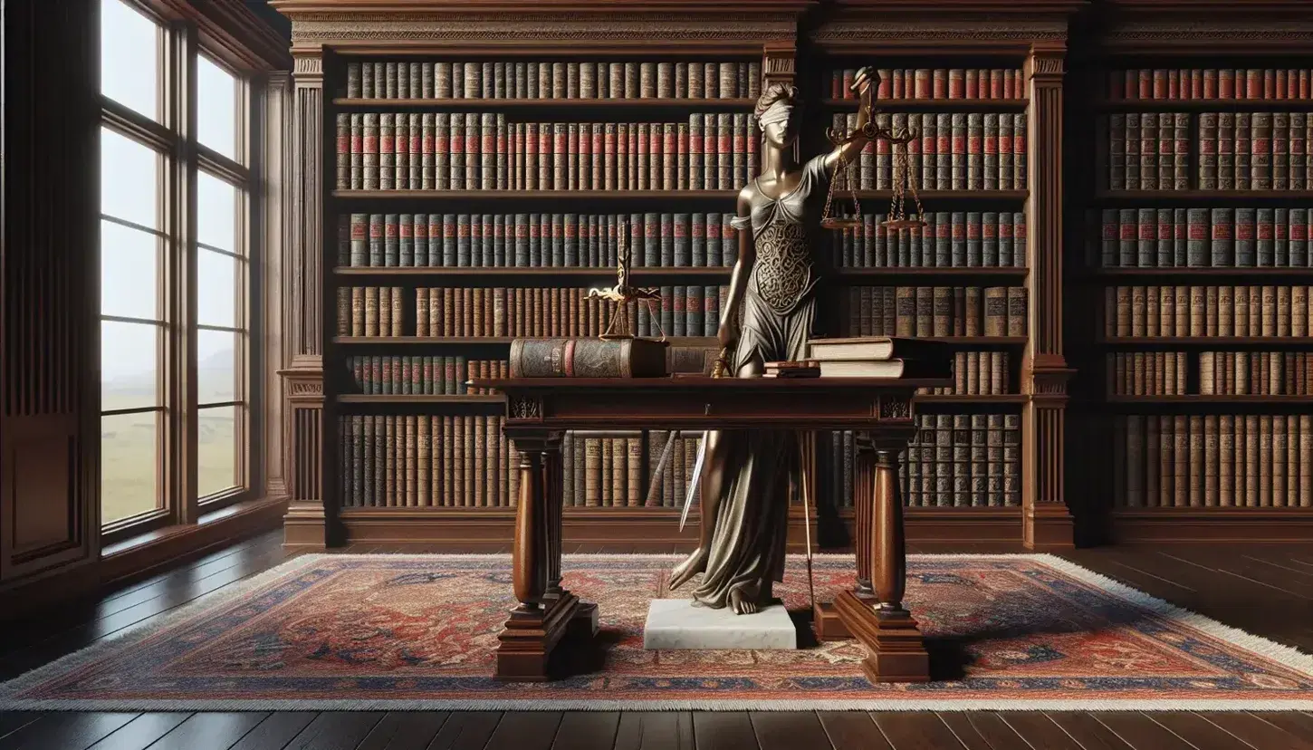 Biblioteca clásica con estanterías de madera oscura llenas de libros encuadernados en cuero, mesa con balanza de justicia y escultura de mármol de la Justicia.