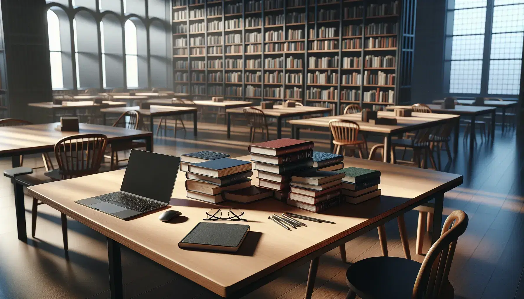 Biblioteca tranquila con estanterías de madera oscura llenas de libros, mesa con laptop cerrada y montón de libros junto a unas gafas.
