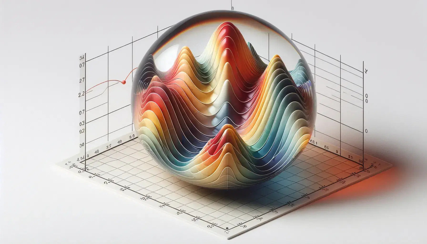 3D graph depicting a harmonic function with smooth peaks in warm colors and valleys in cool tones, featuring a reflective glass sphere in a valley.