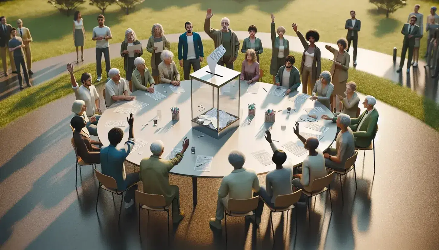 Grupo diverso de personas participando en una votación al aire libre, depositando papeletas en una urna transparente sobre una mesa redonda, en un entorno natural y luminoso.