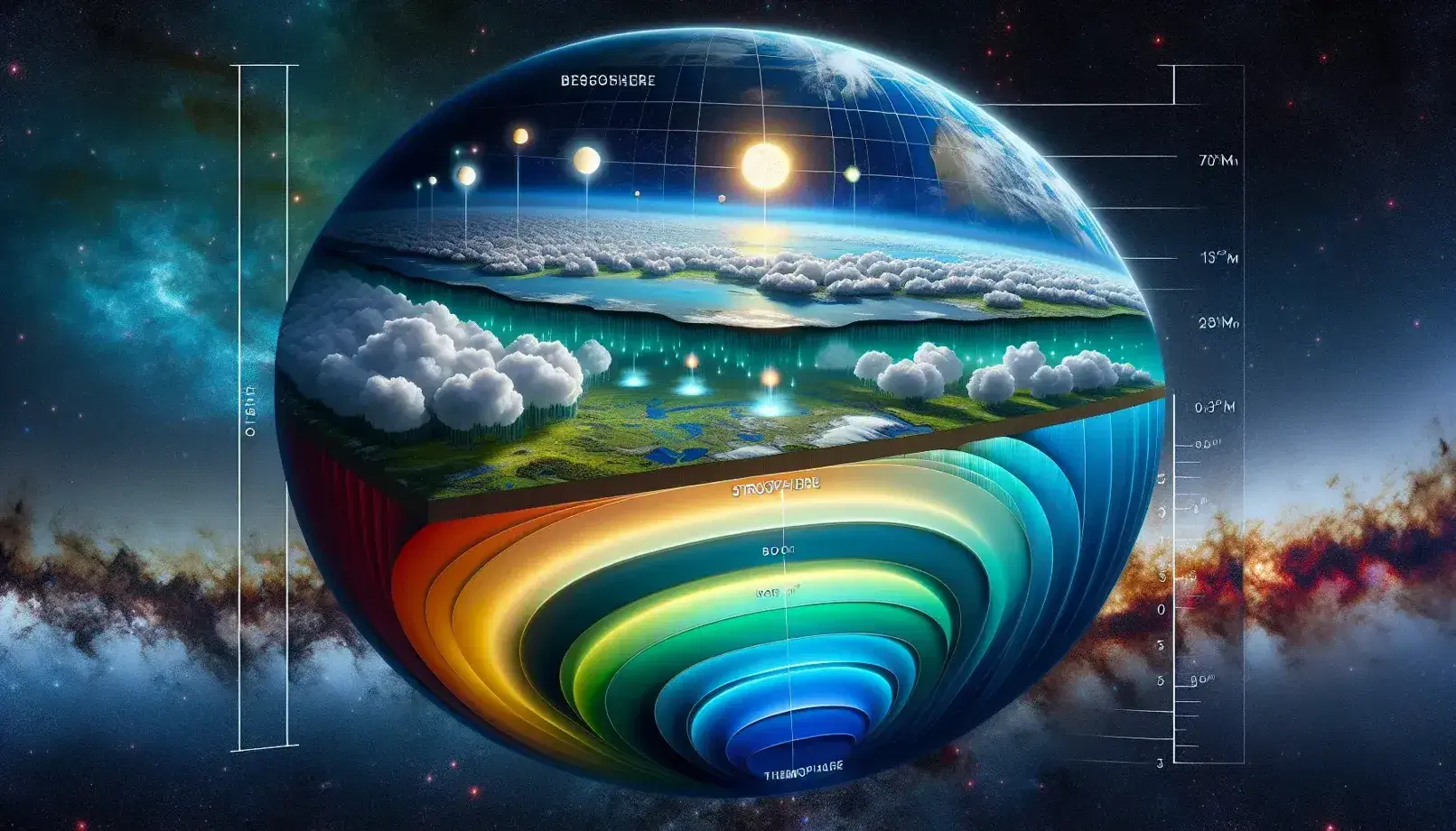 Sezione dell'atmosfera terrestre con strati dal troposfera al termosfera, superficie terrestre, nuvole e spazio esterno con stelle e Sole.