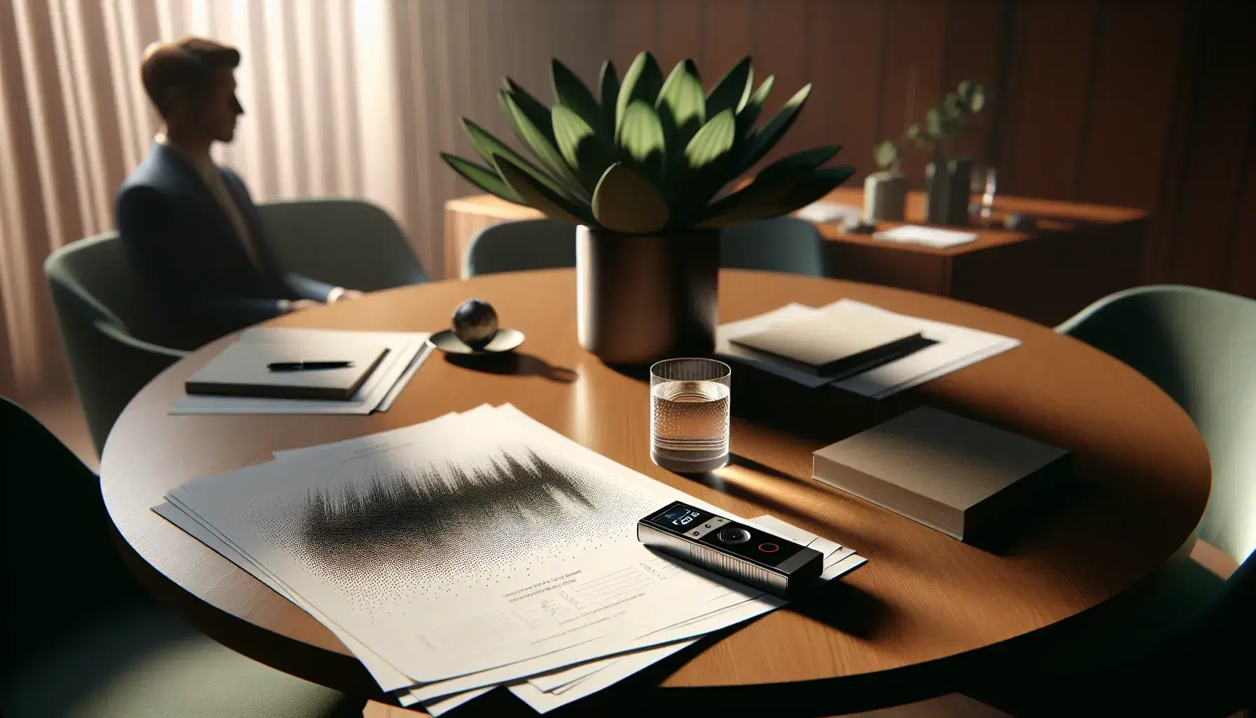 Round wooden table with white paper sheets, active silver digital voice recorder, water glass, and green potted plant, in a warmly lit room with two blurred individuals seated.