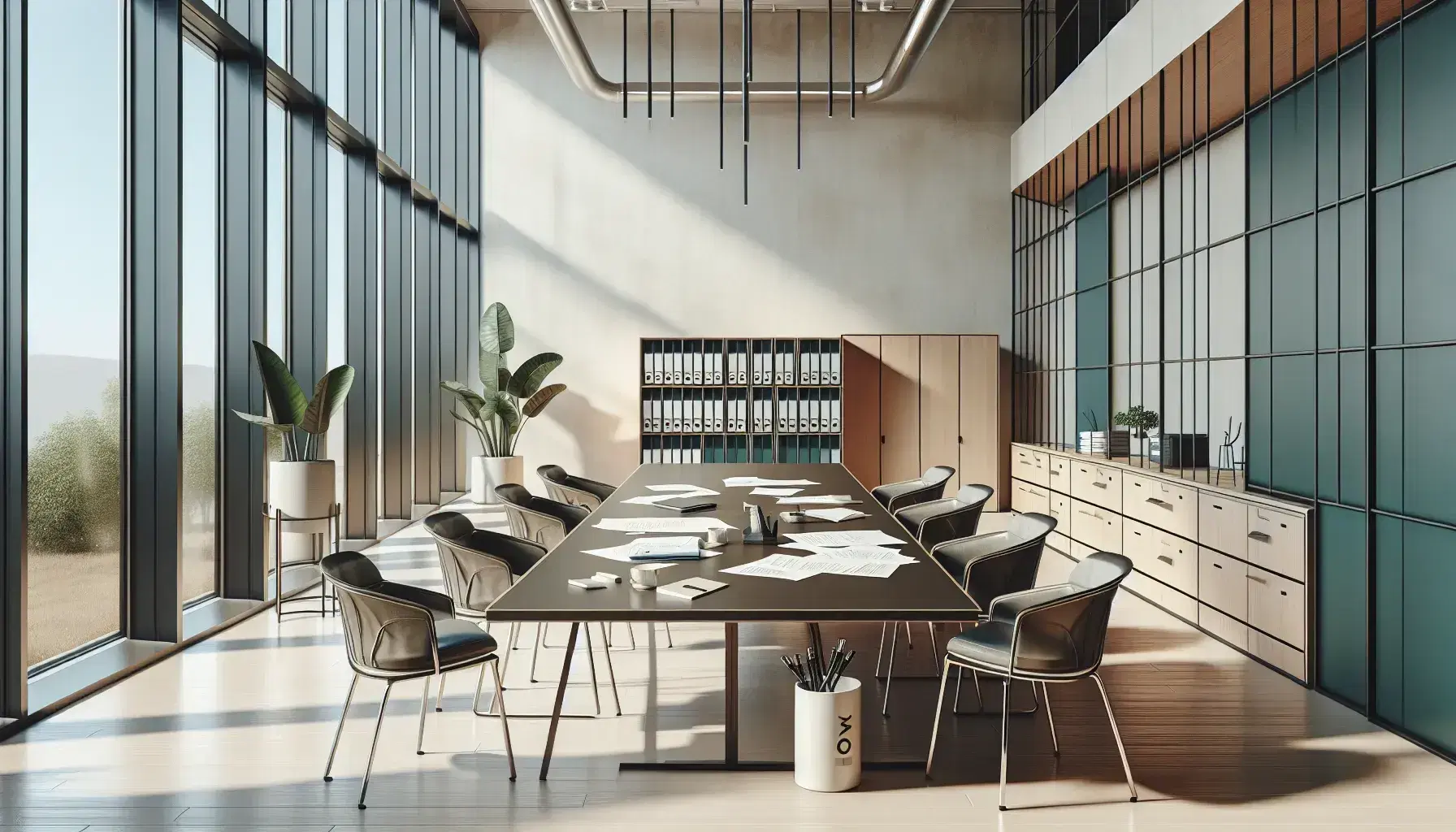 Sala de reuniones luminosa con mesa de madera oscura, sillas de diseño moderno, documentos y taza de café, junto a ventana con vista al cielo azul.