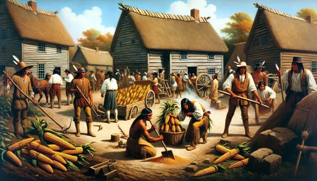 Native American laborers till soil and harvest maize in colonial America, with traditional attire and wooden buildings in the background.