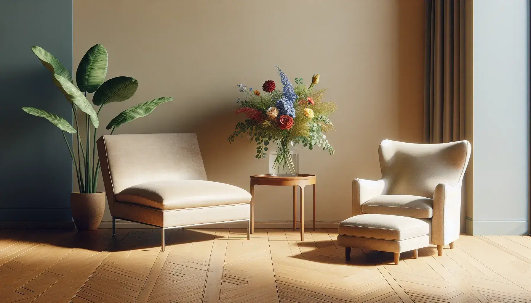 Peaceful therapeutic office with comfortable beige armchair, long sofa, wooden coffee table, colorful flower pot and green plant.