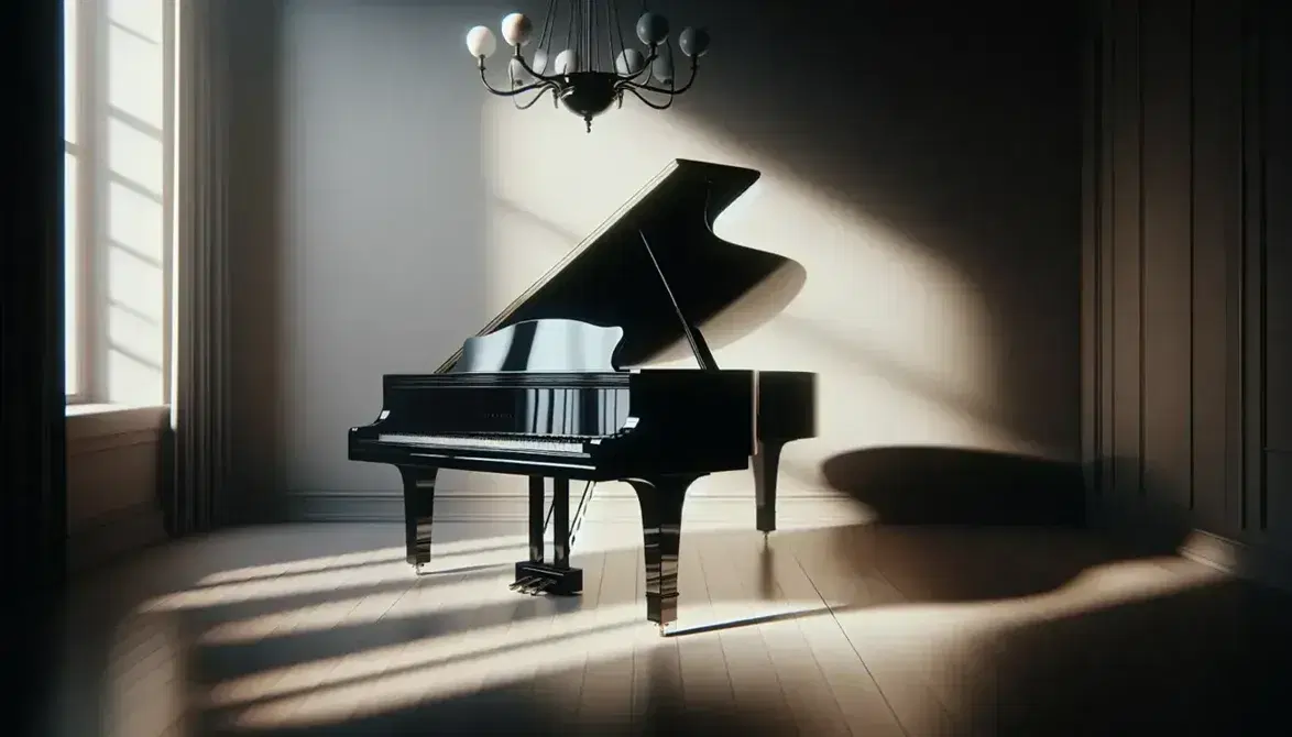 Pianoforte a coda nero lucido su pavimento in legno chiaro con candelabro classico sopra, in ambiente elegante e illuminato naturalmente.