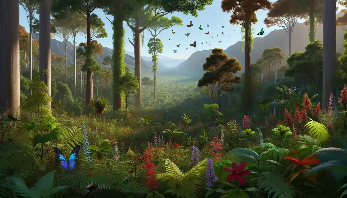 Bosque denso con árboles de troncos gruesos, follaje verde iluminado por el sol, flores silvestres coloridas, mariposas, aves y un arroyo serpenteante.