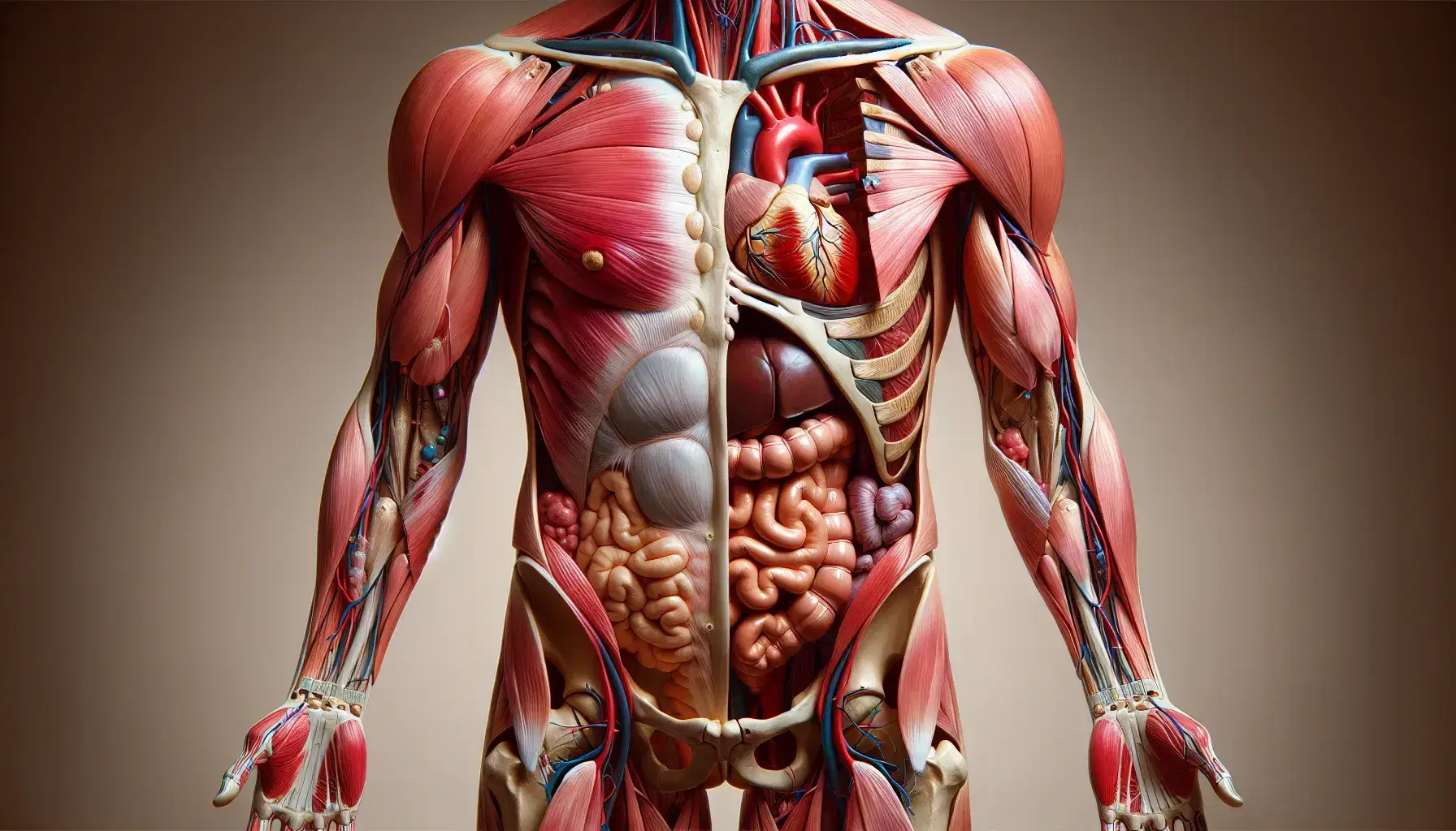 Modelo anatómico humano detallado mostrando músculos, órganos internos y sistemas circulatorio y esquelético, con enfoque en torso y extremidades superiores.