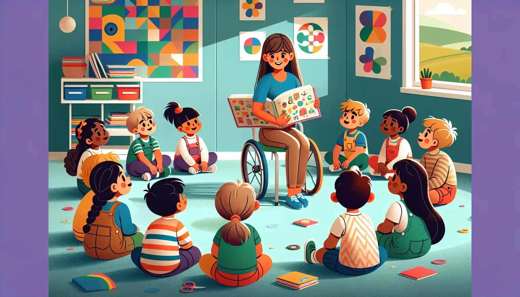 Bambini di diverse etnie e abilità ascoltano una maestra che legge un libro illustrato in una classe colorata e inclusiva.
