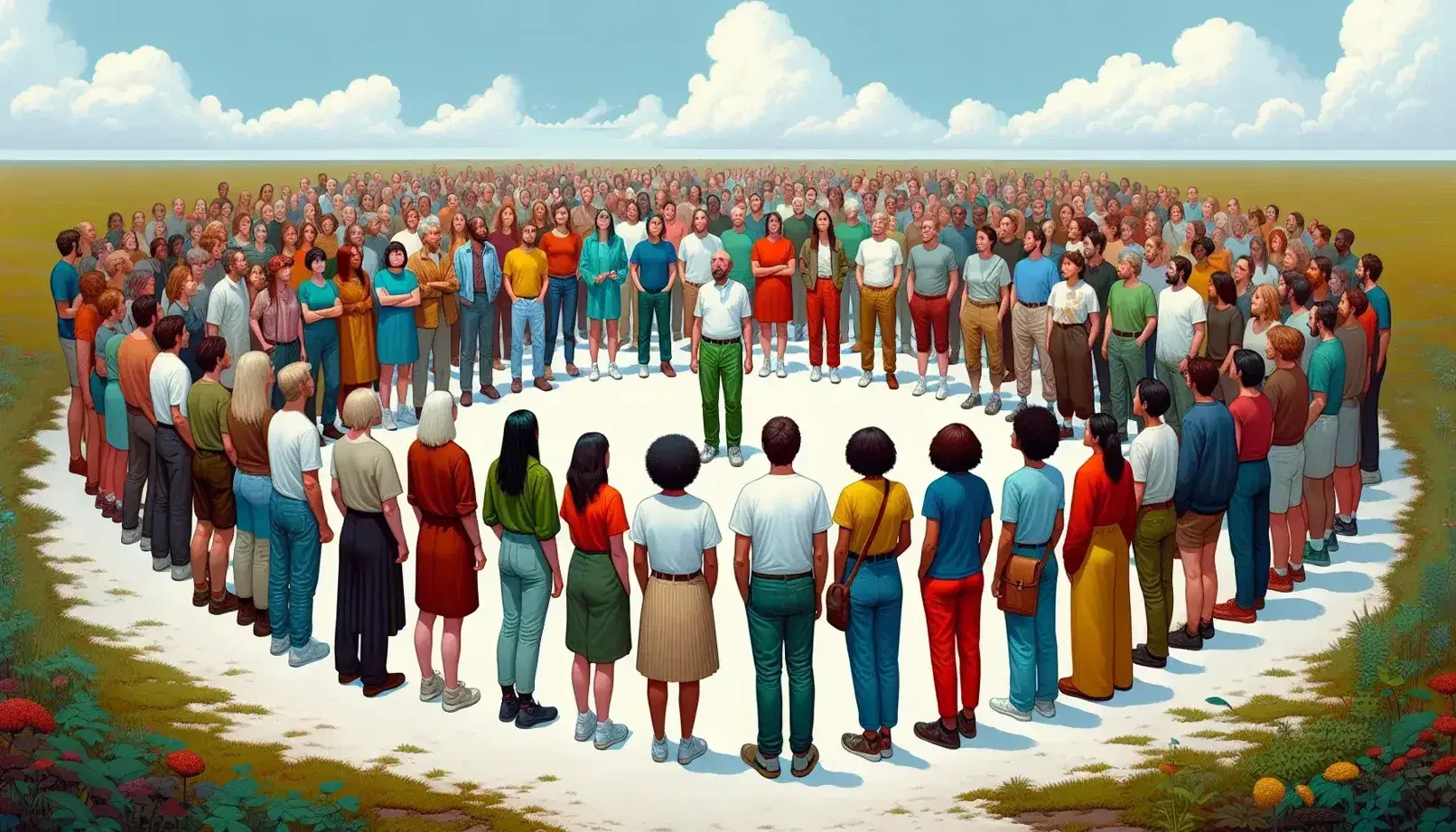 Grupo diverso de personas en semicírculo al aire libre con cielo azul, escuchando a un orador en el centro, vestidos con ropa casual colorida.