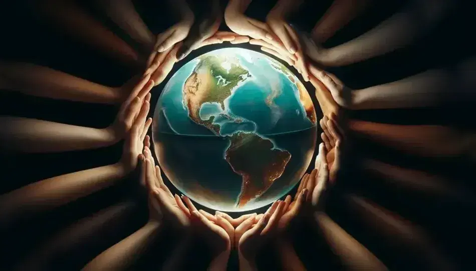Globo terráqueo iluminado rodeado por manos de diversas tonalidades que lo sostienen, simbolizando unidad y cuidado, sobre fondo oscuro.