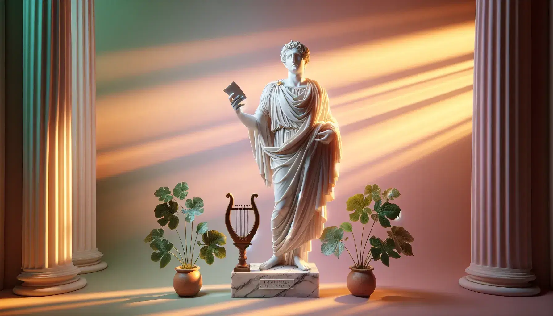 Statua in marmo di poeta latino con tunica e papiro, lyra al piede, sfondo tramonto e piante verdi.