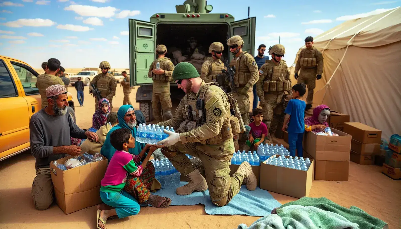 Humanitarian aid scene with military personnel distributing water and supplies to civilians near a medical tent and military vehicle under a clear sky.
