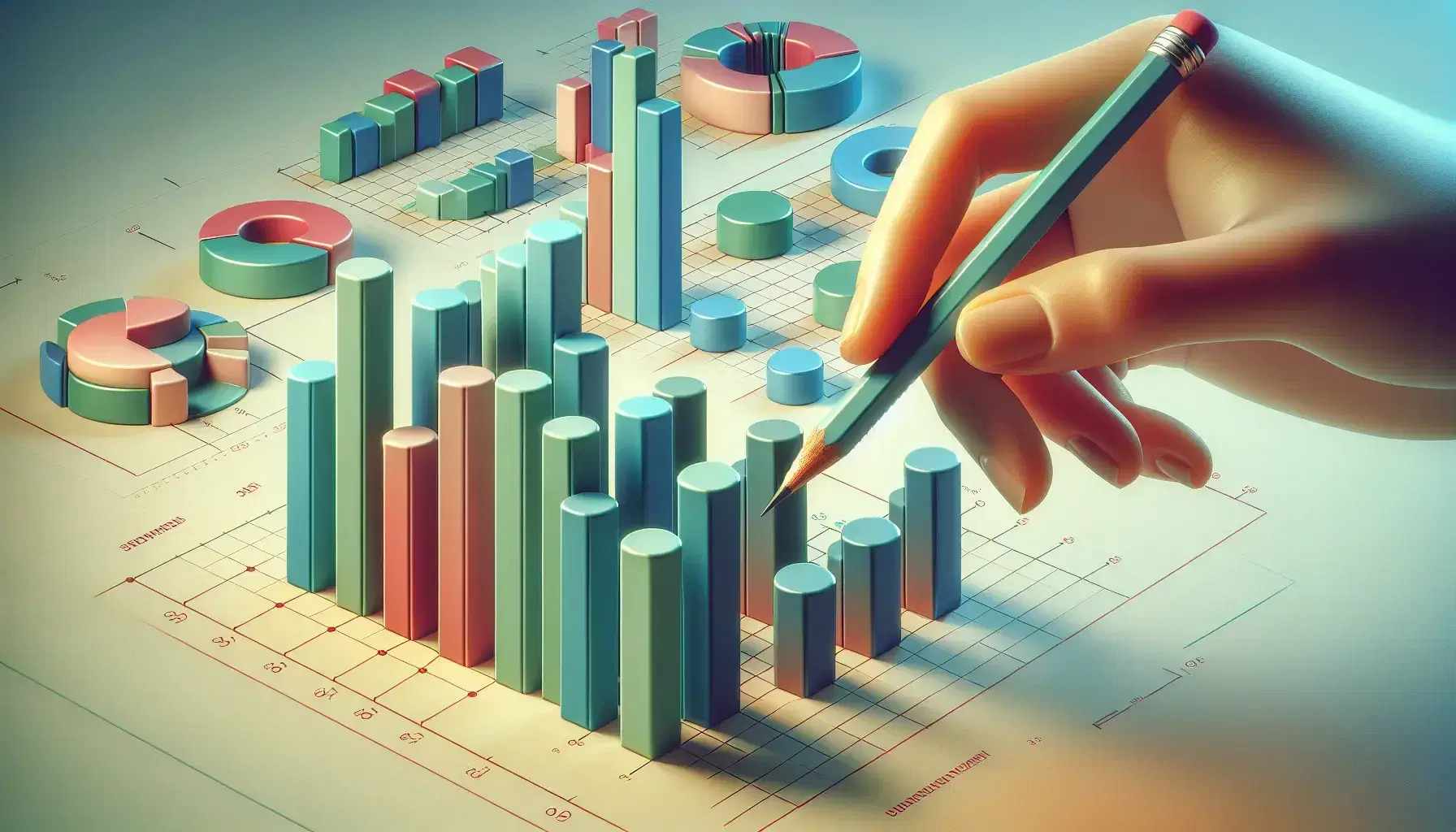 Gráfico de barras tridimensional con barras en tonos de azul, verde y rojo, mano con lápiz apuntando a una barra, fondo con círculos de gráfico circular.