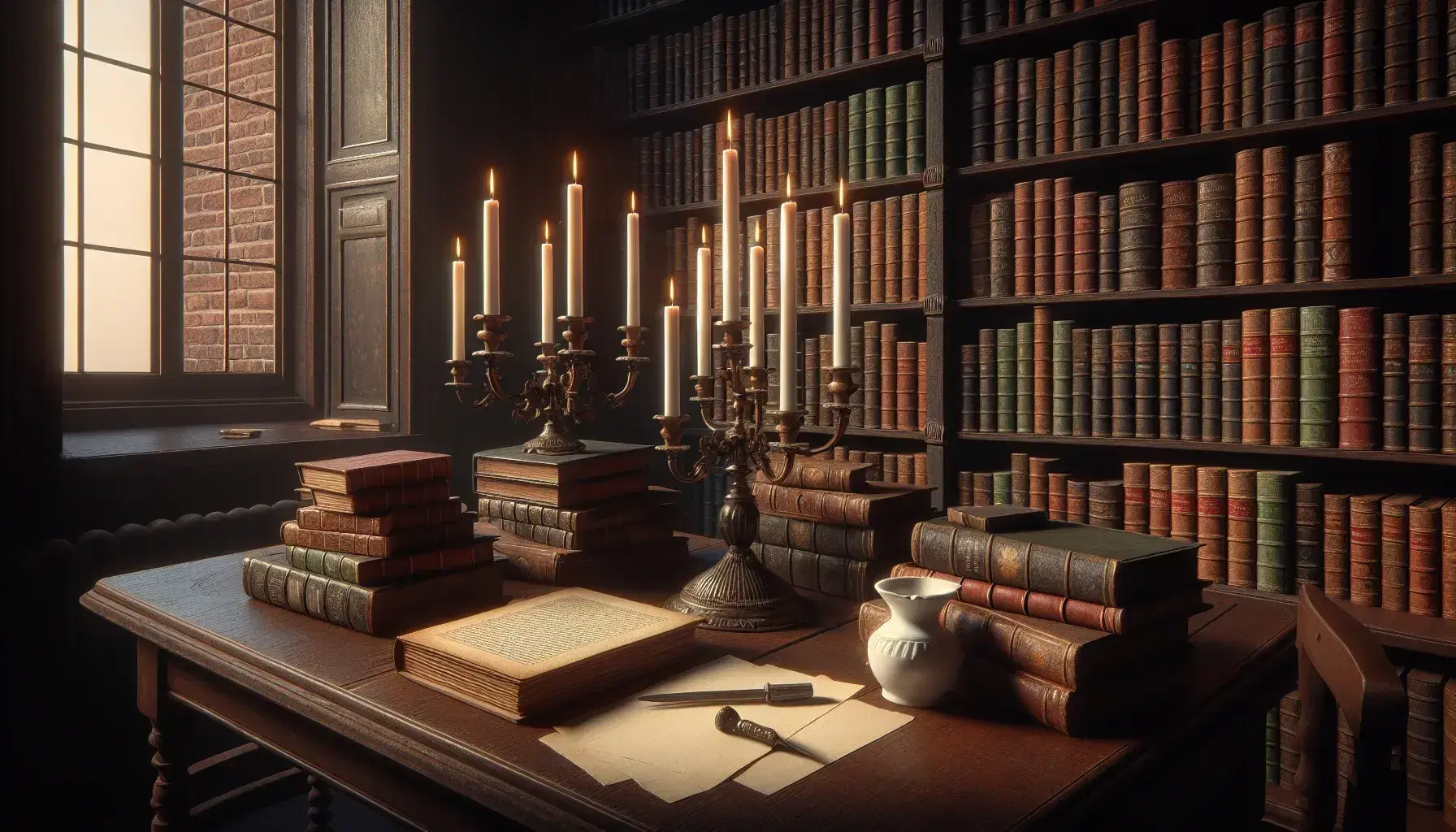 Biblioteca antigua con estanterías de madera oscura llenas de libros, mesa con candelabro de bronce y tintero, ambiente cálido y estudioso.