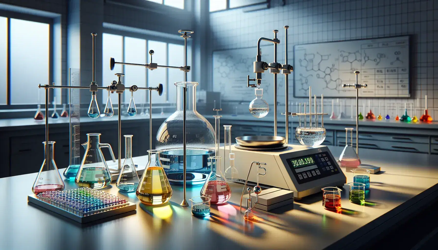 Laboratorio de química con matraces Erlenmeyer de líquidos coloridos, balanza analítica, agitador magnético y tubo de ensayo con sustancia verde.