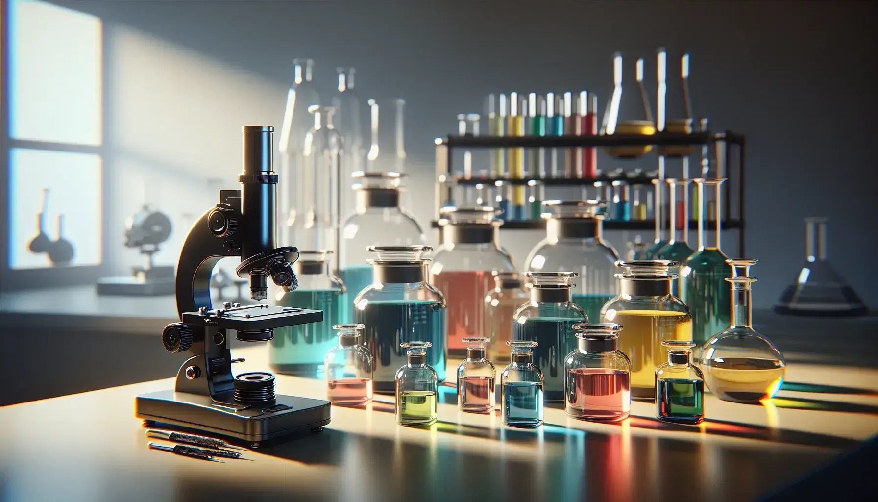 Frascos de vidrio con líquidos de colores en laboratorio, junto a un microscopio y una balanza analítica sobre mesa clara.