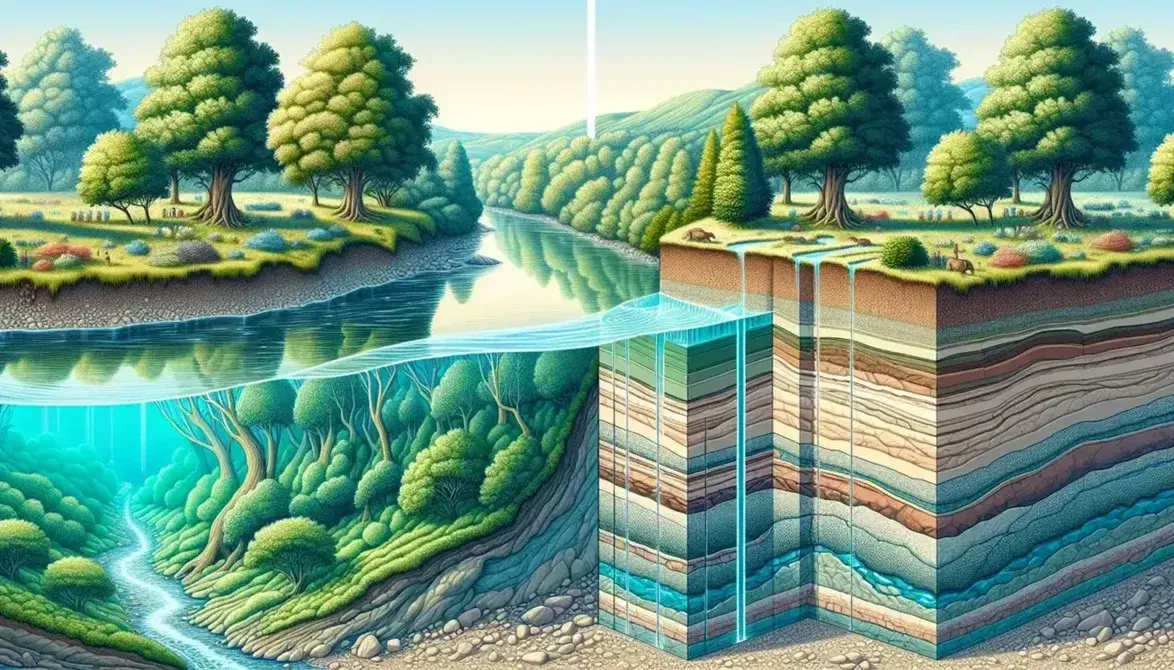 Paisaje natural con río fluyendo entre vegetación verde y sección transversal del suelo mostrando estratos y un acuífero subterráneo.