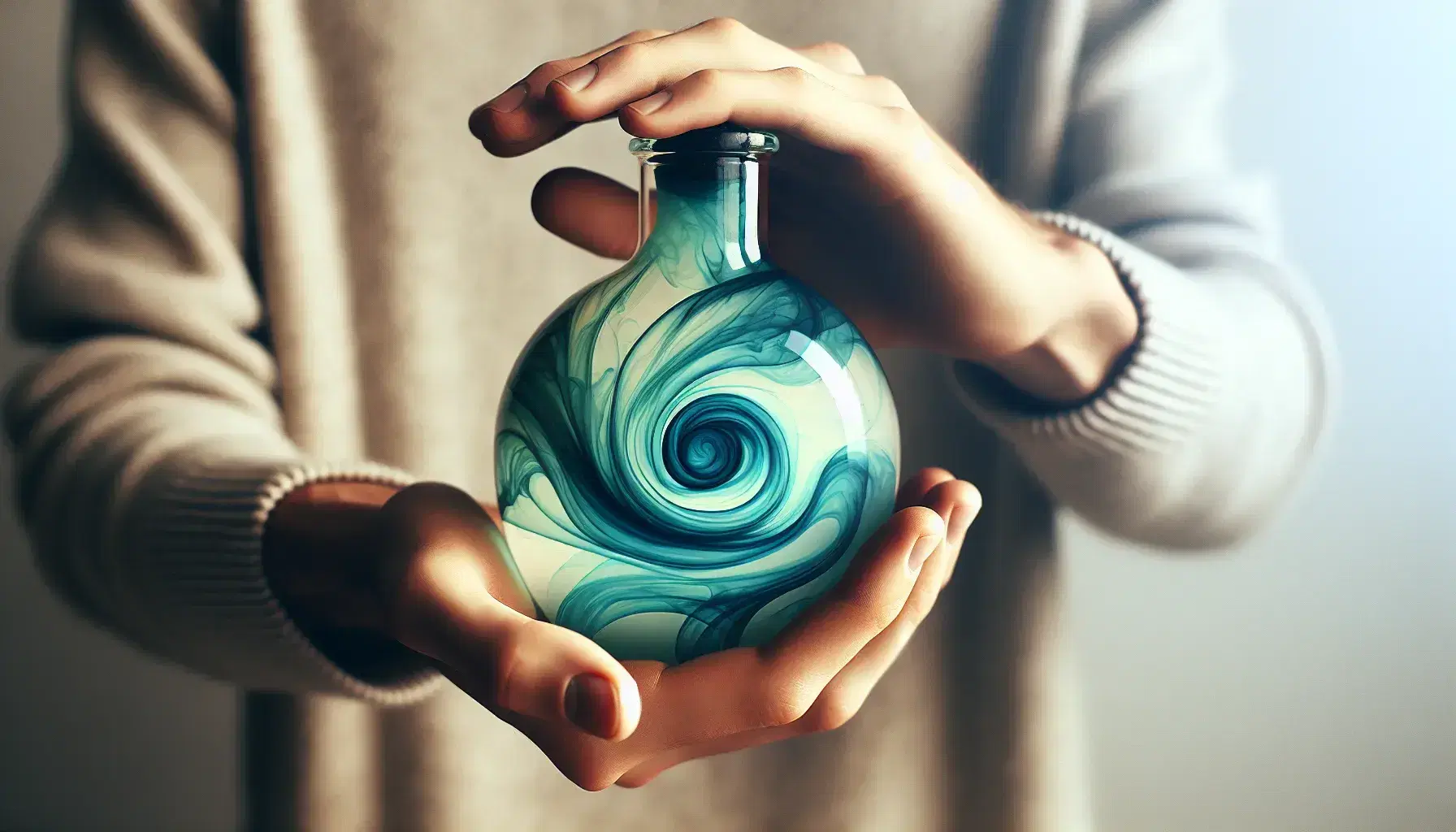 Hands holding a glass flask with swirling blue and green liquids, suggesting a chemical or scientific experiment in a blurred beige background.