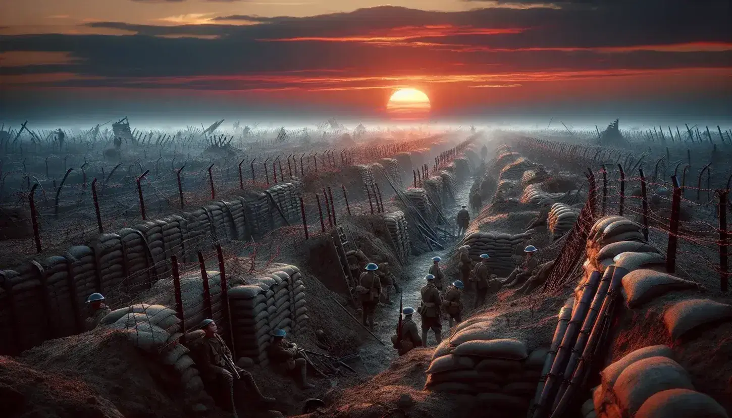 Campo di battaglia della Prima Guerra Mondiale al tramonto con filo spinato, trincee, soldati e crateri su terreno devastato.