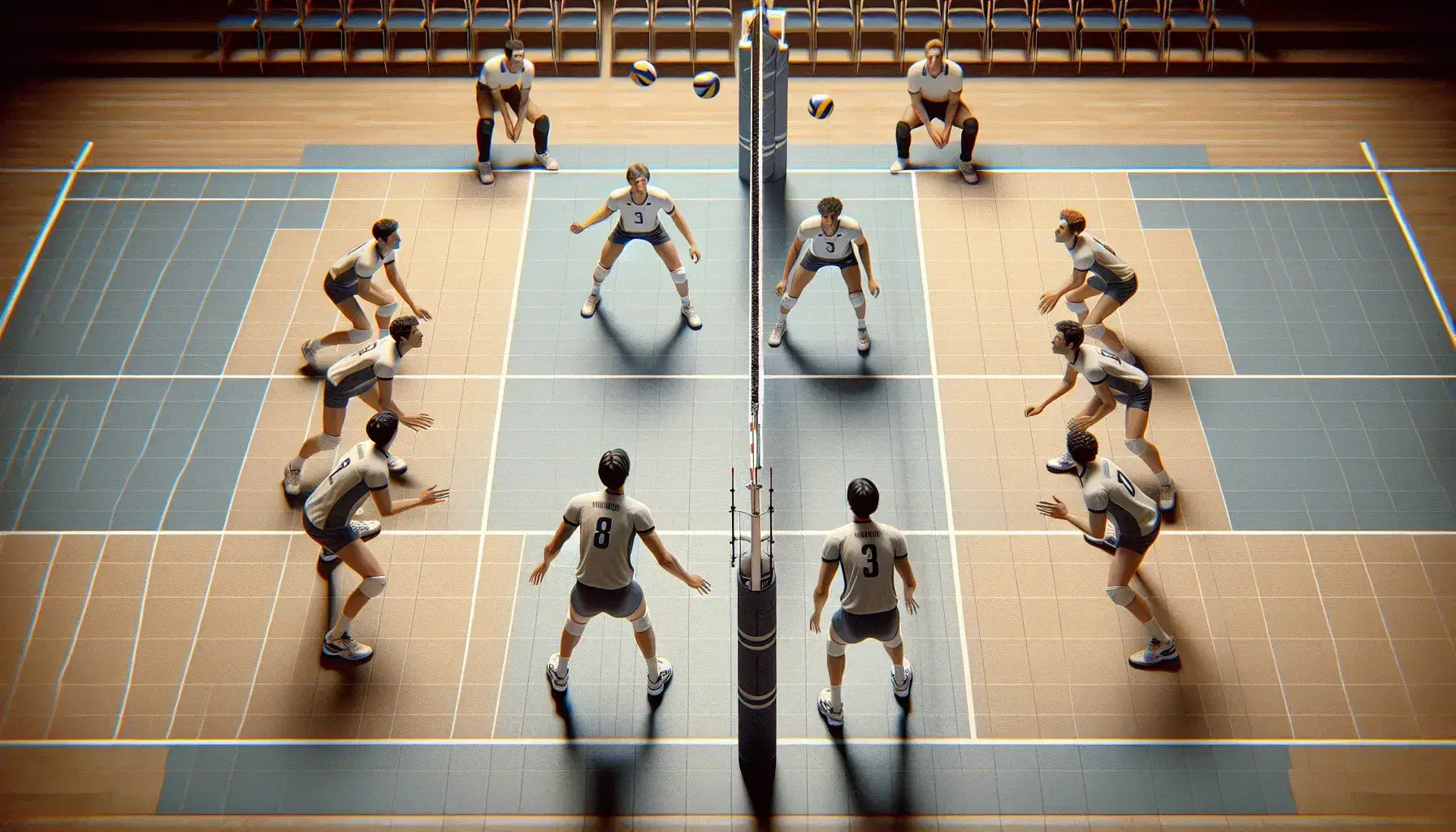 Partita di pallavolo con squadre in divisa chiara e scura, giocatore salta per colpire la palla, rete centrale, campo da gioco delineato.