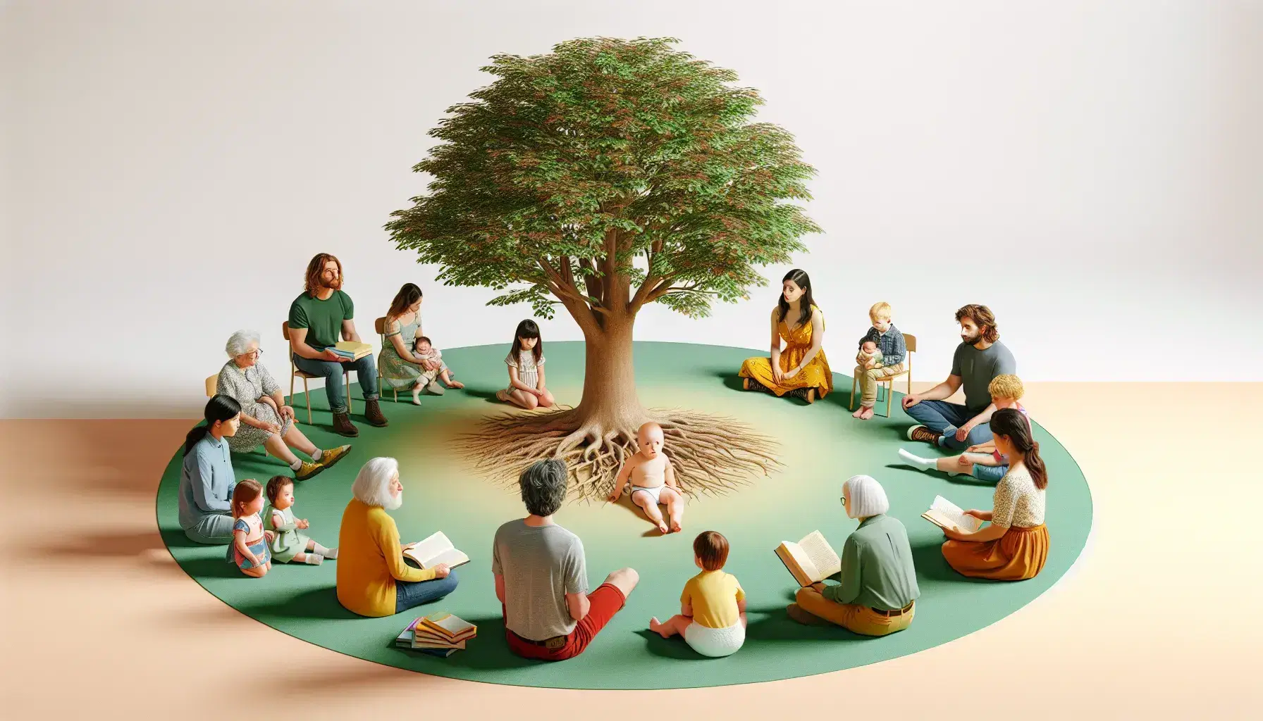 Grupo diverso de personas de diferentes edades sentadas en semicírculo alrededor de un árbol, reflejando etapas de la vida desde un bebé hasta un anciano.