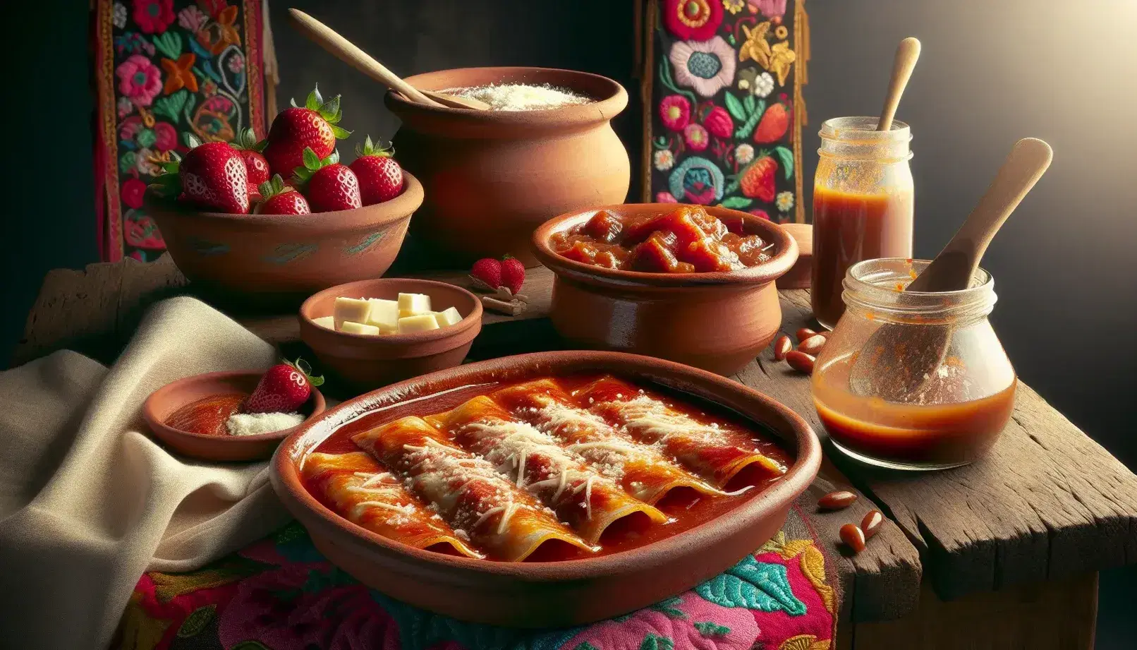 Mesa rústica con platillos típicos de Guanajuato: enchiladas mineras en cazuela de barro, olla de carnitas y fresas frescas, jarra de cajeta al fondo.