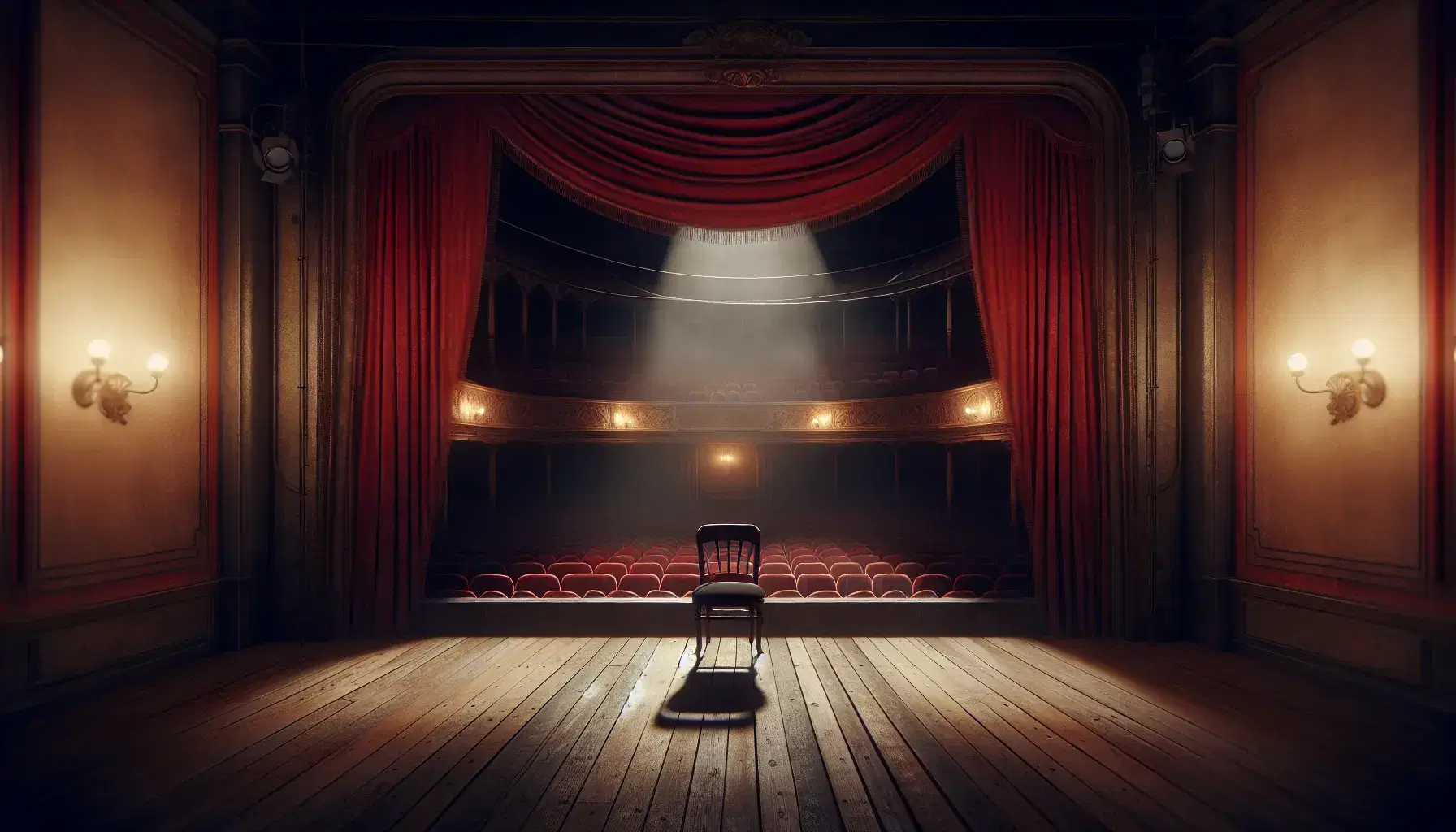 Escenario teatral vacío con cortinas rojas de terciopelo, silla de madera antigua en el centro y suave iluminación proyectando sombras.