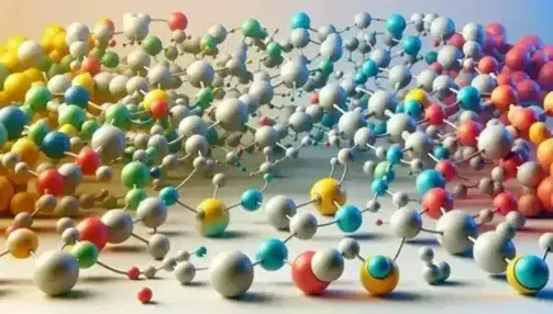 Estructura molecular tridimensional con esferas de colores conectadas por barras, formando patrones lineales y ramificados sobre fondo claro.