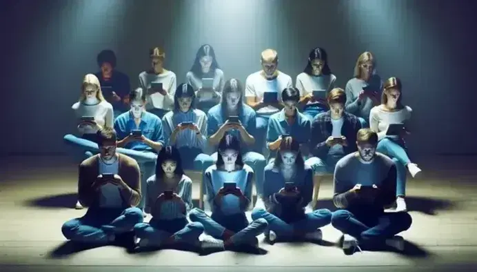 Gruppo eterogeneo di persone sedute in cerchio con smartphone e tablet, illuminati dalla luce blu dei dispositivi in ambiente interno.