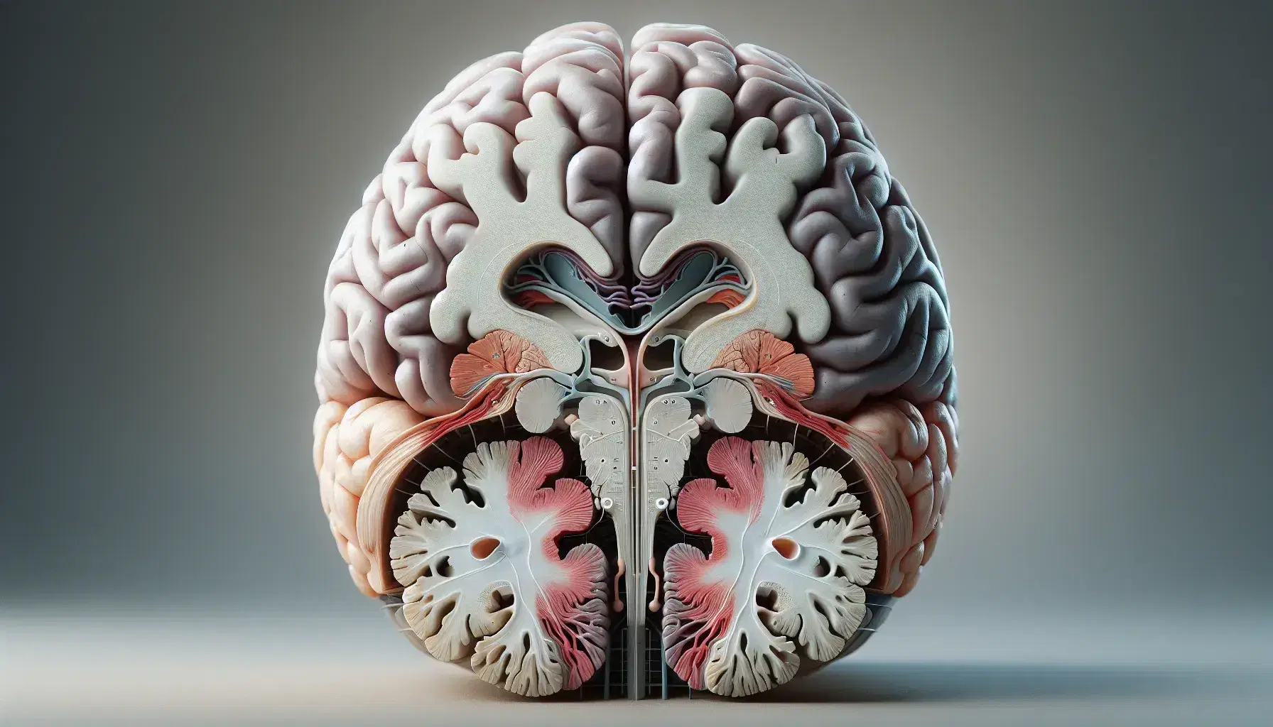 Detailed model of a sagittally dissected human brain showing the hypothalamus and limbic system, with naturalistic colors and uniform lighting.
