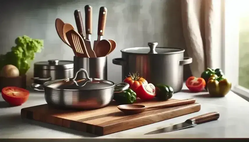 Utensilios de cocina en encimera de mármol con sartén de acero, olla de hierro, cuchara de madera y tabla con vegetales frescos cortados.