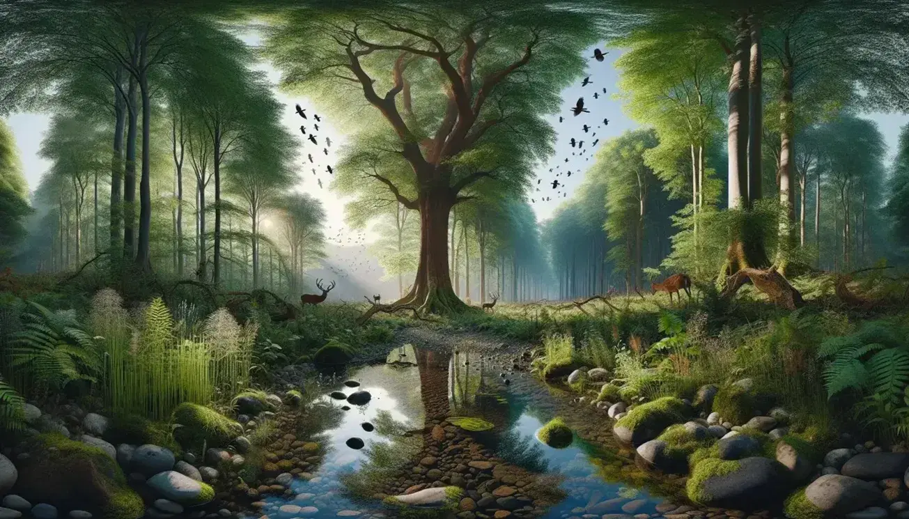 Foresta temperata estiva con albero maestoso, arbusti verdi, ruscello limpido, cervo e coniglio tra l'erba, uccelli in volo e cielo azzurro.