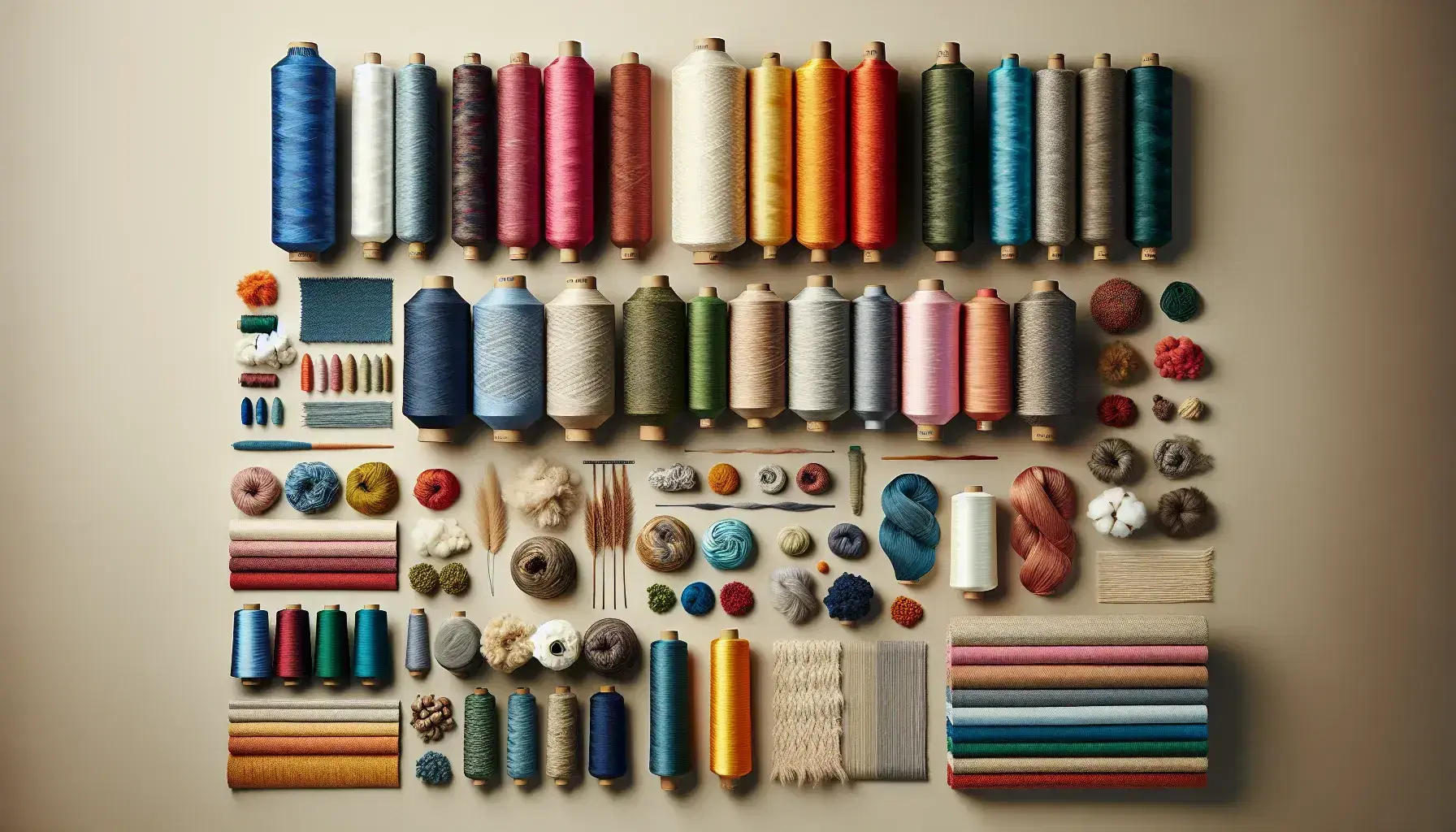 Variedad de hilos en carretes y fibras textiles naturales con tejidos de distintas texturas y colores, mostrando la riqueza del sector textil.
