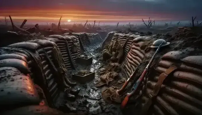 Tramonto dai toni arancio e viola su campo di battaglia della Prima Guerra Mondiale con trincee, soldati britannici e resti di alberi.