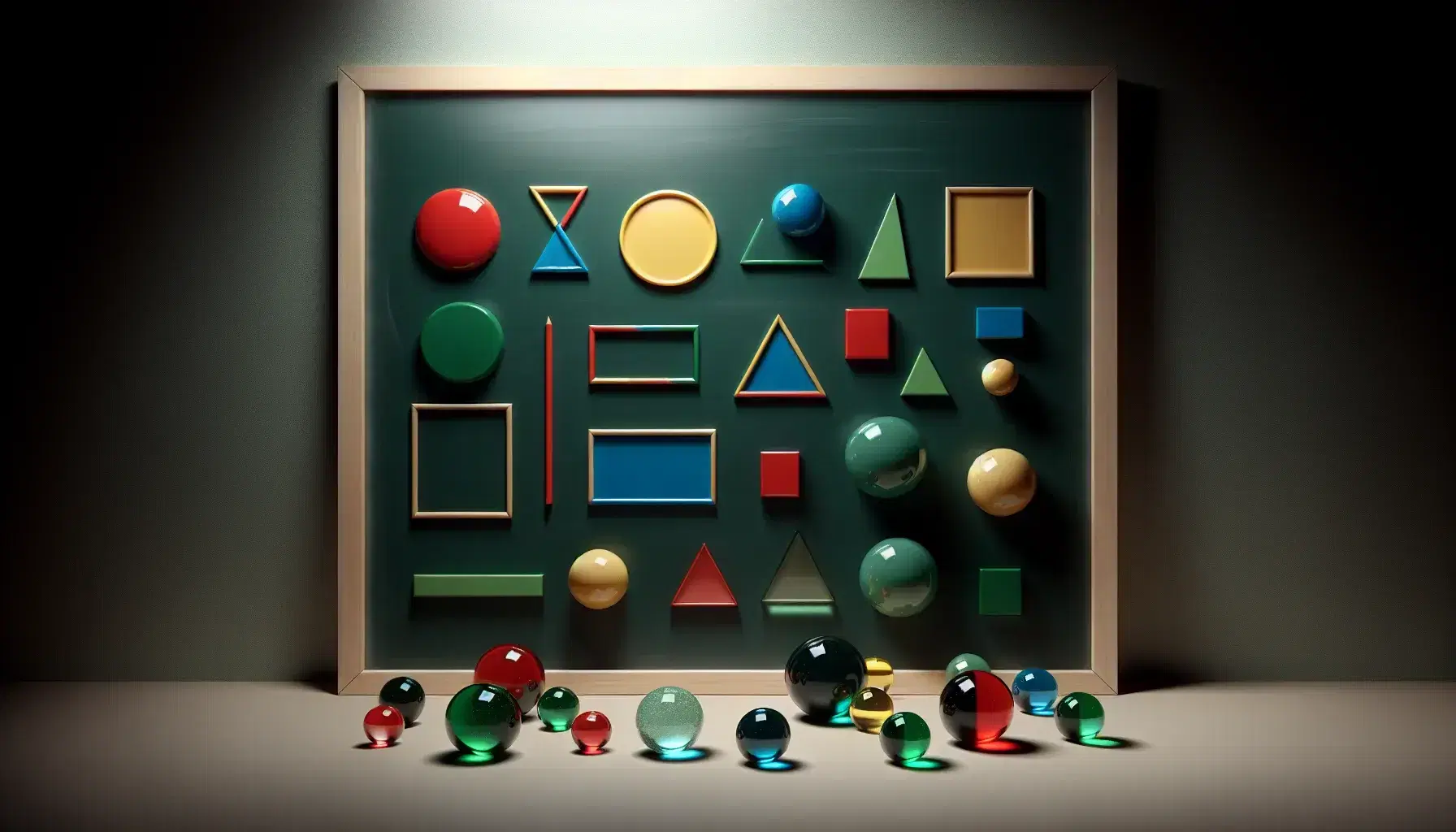 Pizarra verde oscuro con figuras geométricas de plástico brillante y canicas de vidrio reflejando luz, sin texto ni símbolos.