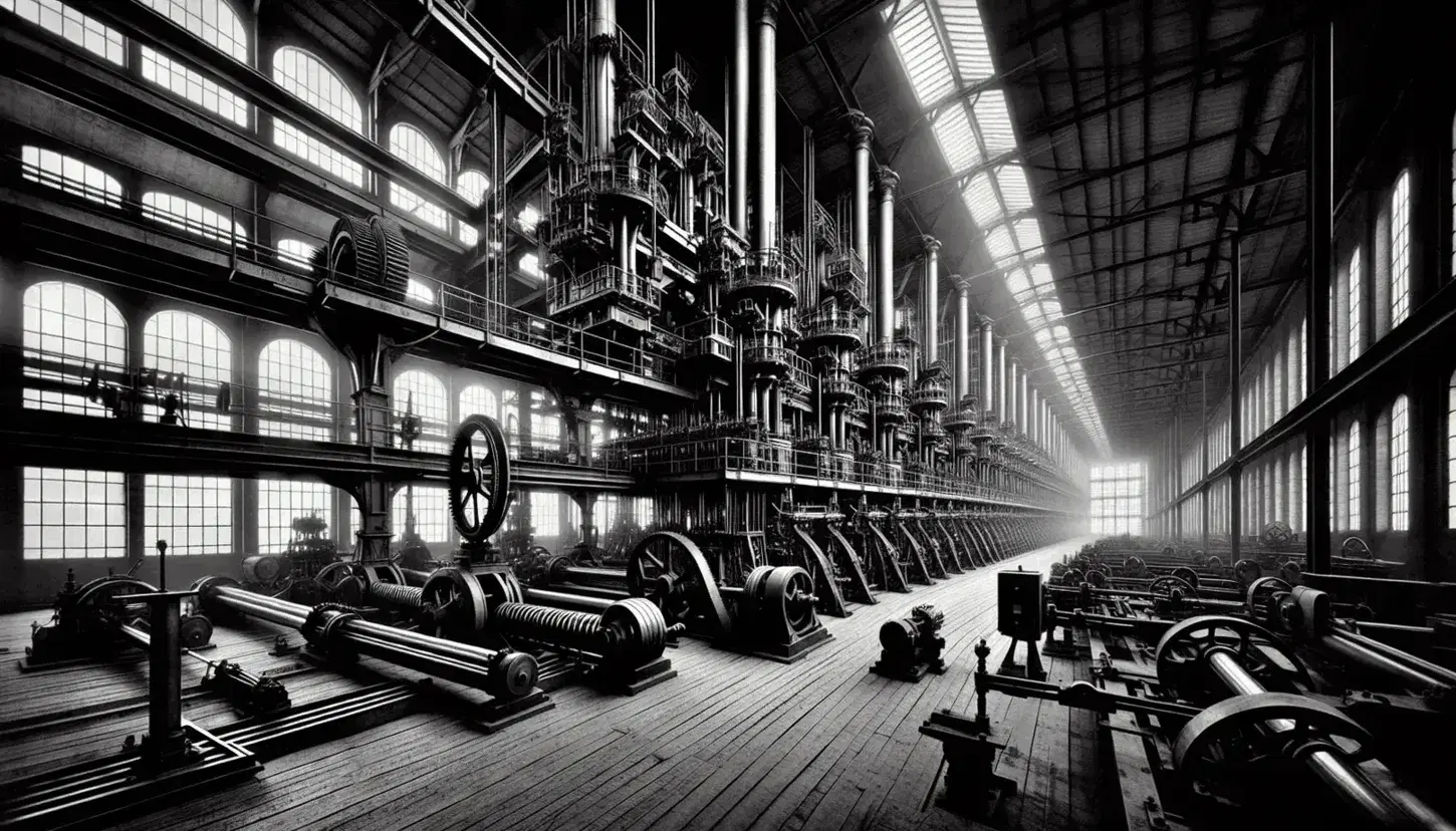 Interno fabbrica Seconda Rivoluzione Industriale con macchinari pesanti, cinghie di trasmissione, operai al lavoro e giochi di luce da finestre ad arco.