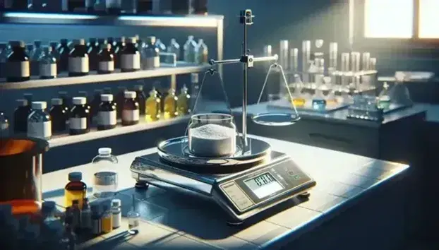 Bilancia analitica di precisione con contenitore trasparente e polvere bianca su banco laboratorio chimico, sfondo con flaconi colorati.