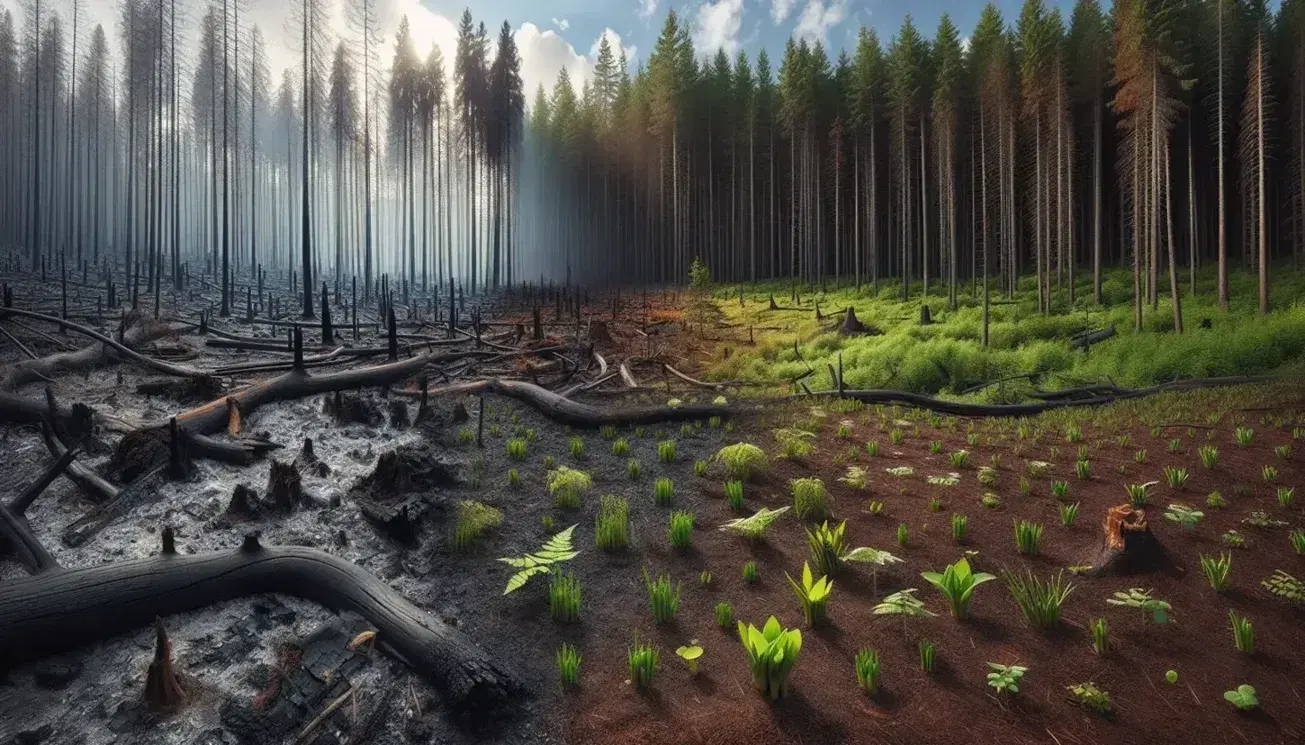 Recuperación natural de un bosque tras incendio con suelo carbonizado en primer plano, brotes verdes emergiendo y árboles intactos al fondo bajo cielo azul.