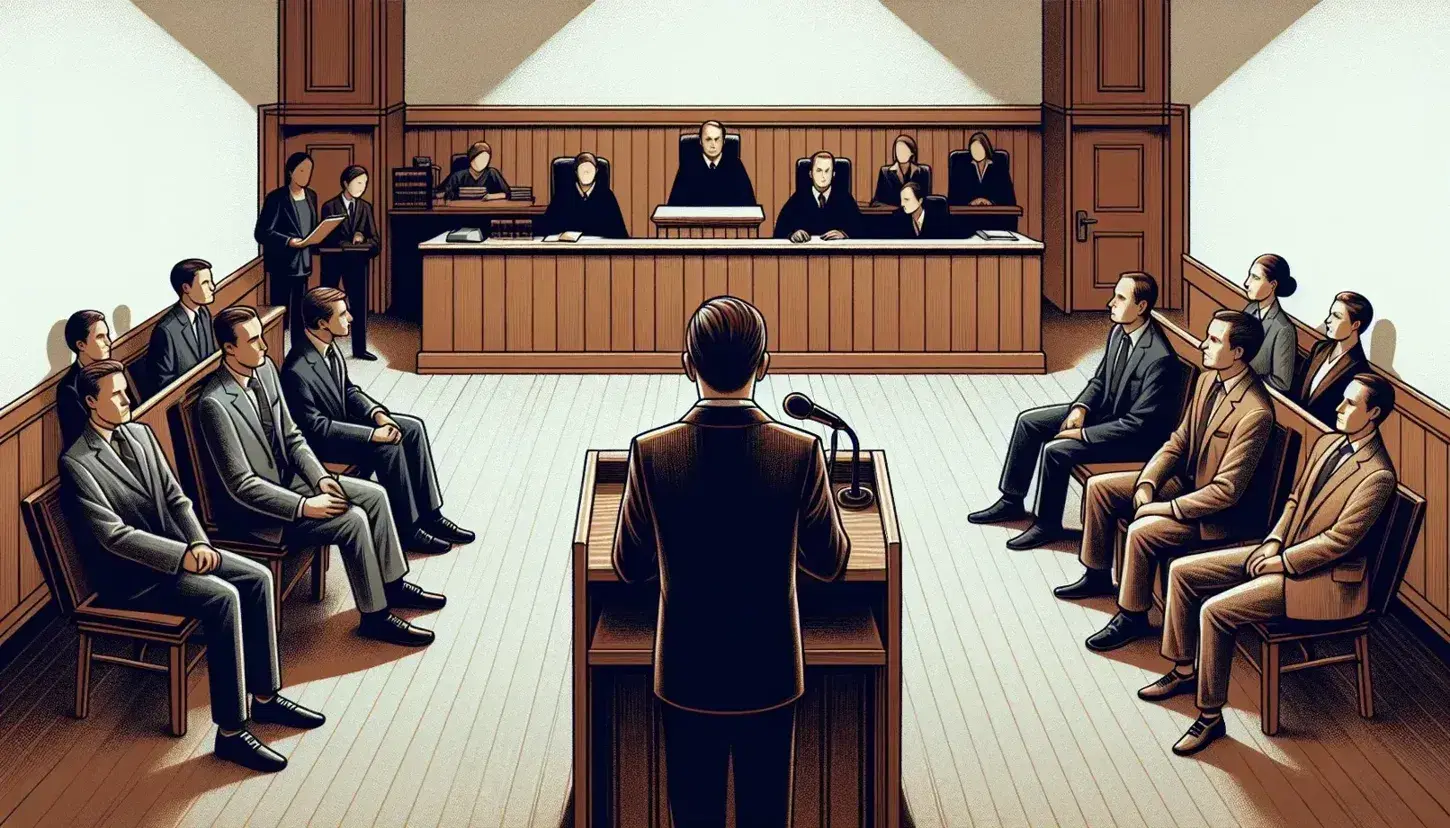 Court with witness sitting at the witness stand facing the judge, attentive jury in the background and lawyers at the table with documents.