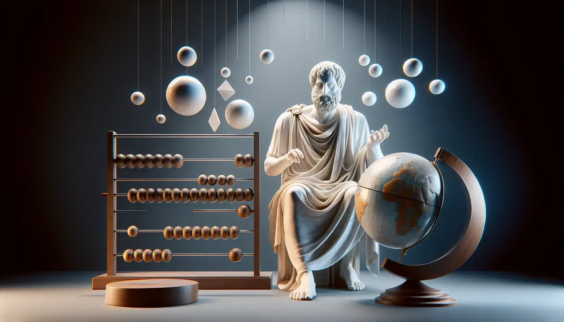 Statua in marmo bianco di Aristotele seduto che gesticola, con globo e abaco ai lati e mobile geometrico sopra, su sfondo blu sfumato.